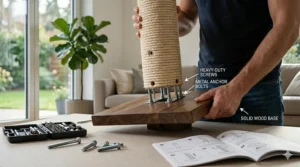 A step-by-step assembly diagram for a robust scratching post for large cats, showcasing thick pillars and heavy-duty screws.