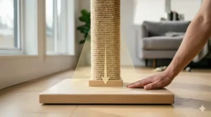 Close-up photorealistic illustration highlighting the heavy-duty wooden base and stability engineering of a tall cat scratching post.