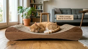A different dark tabby cat soundly asleep and curled up on the curved surface of the horizontal cat scratcher lounge bed. A text overlay reads: MULTI-PURPOSE: Perfect Lounging Surface.