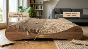 A close-up split view of the scratcher materials: the left side shows shredded corrugated cardboard labeled "CARDIO CARD: Recyclable & Fun," and the right side shows intact sisal labeled "SISAL SCRATCH: Durable & Less Mess."