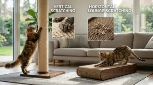 A comparison graphic showing a large cat using a vertical scratching post versus an extra-large horizontal scratching lounge.