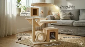 Illustration showing a kitten climbing and jumping on a cat tree to help develop motor skills and muscle strength.