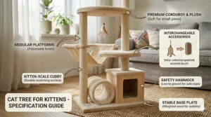 Illustration of kitten-friendly materials like natural sisal rope and soft faux fur fabric used in cat tree construction.