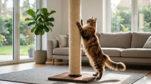 An illustration demonstrating a large cat achieving a full vertical body stretch while using an extra-tall scratching post.