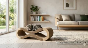 A sleek, modern geometric cardboard cat scratcher blending seamlessly into minimalist home decor.