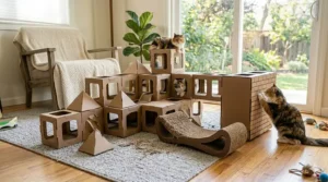 Minimalist illustration of a sleek, white-trimmed cat scratcher lounge blending seamlessly into a modern apartment.