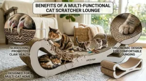 Illustration of two adult cats comfortably sharing a wide, heavy-duty cat scratcher lounge bed.
