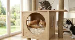 Two adult cats playing and lounging on a large multi-level cat tree with a central condo.