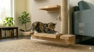 A modern three-tier cat scratching post featuring a plush top perch and hanging toy.