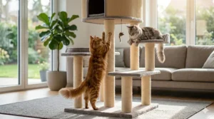 An illustration of a heavy-duty, multi-tier cat tree and scratching post with two large cats resting on the platforms.