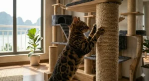 Close-up illustration of durable natural sisal rope on a scratching post suitable for powerful Bengal claws.