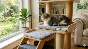 A multi-level cat tree for senior cats featuring orthopedic memory foam padding on every lounge surface.