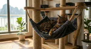An oversized plush hammock attachment on a cat tree designed to support the weight of an adult Bengal cat.
