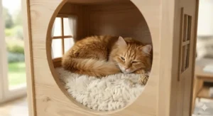 Interior view of a soft, fleece-lined cat condo showing a sleeping kitten.