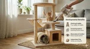 Diagram highlighting safety features of a kitten cat tree, including a widened base for stability and rounded corners.