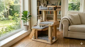 A compact, safe-height cat tree for senior cats with specialized safety rails on the top perch.