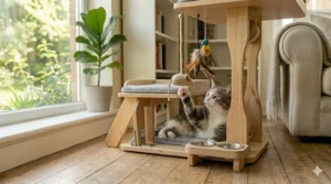 Lower-level play station on a cat tree for senior cats featuring easy-to-reach hanging swat toys.