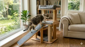 An ergonomic ramp attachment for a cat tree for senior cats providing a gradual incline for easy access.