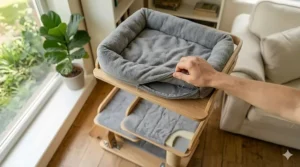 Top view of a cat tree for senior cats highlighting a removable and washable plush bolster bed.