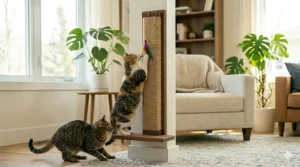 An illustration of a playful kitten swatting at a hanging ball attached to a sisal rope scratcher.