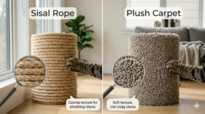 High-detail split-screen infographic contrasting durable natural sisal rope with looped carpet for tall scratching posts, viewed under natural light.