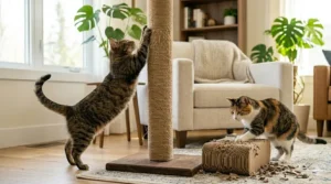A comparison illustration showcasing the durability of a woven sisal cat scratcher versus a messy cardboard scratcher.