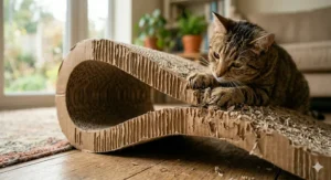 An illustration of a hand sprinkling organic catnip onto the textured surface of a corrugated cardboard cat scratcher.