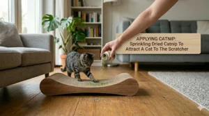 A close-up view of a human hand sprinkling dried green catnip flakes onto the surface of the horizontal cat scratcher as the tabby cat watches with interest. A text overlay reads: CATNIP ATTRACTION: Encourage Use with Natural Herbs.