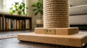A wide, heavy wooden base of a cat scratching post designed to prevent tipping during use.