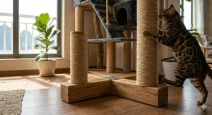 Illustration showing a reinforced wide wooden base for a cat tree to prevent tipping by large Bengal cats.