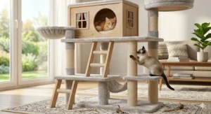 Close-up of the reinforced base and scratching posts of a sturdy cat tree with condo.