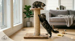 A photorealistic scene in a sunlit modern living room where two domestic cats are simultaneously playing on a sturdy, extra-wide tall scratching post, demonstrating its stability.