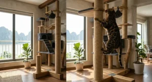 A tall multi-level climbing tower showing a Bengal cat leaping between high platforms.