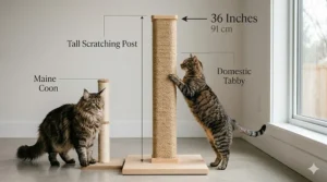 A photorealistic dimension chart and comparison illustration showing a 36-inch tall scratching post next to the fully stretched tabby cat from the featured image.