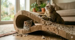 Two cute cats resting and playing together on a large, couch-shaped cardboard cat scratcher.