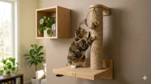A minimalist wall-mounted cat scratching post to save floor space in small apartments.
