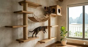 Space-saving wall-mounted cat tree shelving system designed for high-energy Bengal cat play.