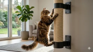 A lifestyle illustration of a heavy-duty wall-mounted cat scratching post designed to handle the weight of big cats.