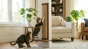 A minimalist illustration of a vertical wall-mounted sisal scratching mat for space-saving pet homes.