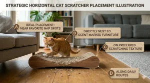 A top-down floor plan illustration of a living room layout with cat icons, showing the horizontal scratcher optimally placed near a window and a sofa. A text overlay reads: OPTIMAL PLACEMENT: Place Near Favorite Nap & Scratch Areas.
