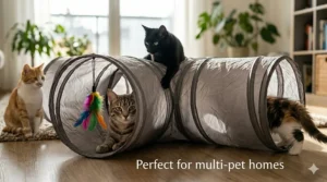 An illustration of a curious cat popping its head out of the top central peephole of a 3-way cat tunnel.