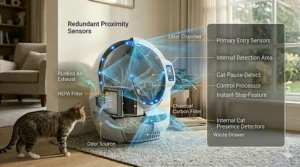 An illustration of a cat approaching a self-cleaning litter box with safety sensors highlighting automatic pause features.