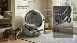 A diagram illustrating the key features and mechanical rake system of an automatic litter box under 300.