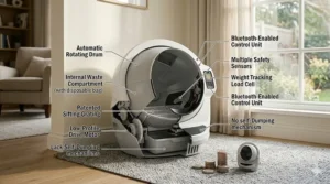 A graphic showing how an automatic litter box under 300 saves money on cat litter over time through efficient scooping.