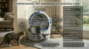 A dimensional drawing showing the compact size and interior space of a budget-friendly automatic litter box under 300.