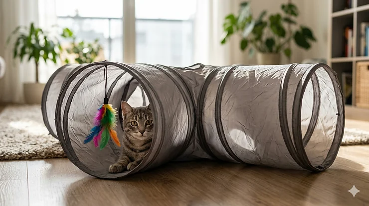 A playful tabby cat peeking out from the central junction of a collapsible 3-way cat tunnel.