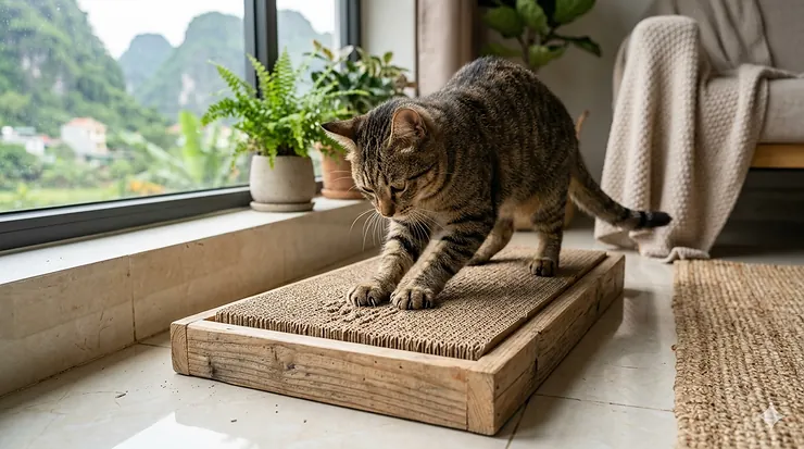 A durable cardboard cat scratcher refill being inserted into a wooden cat scratching lounge frame.