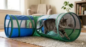 A gray tabby cat running through a T-shaped, 3-way collapsible cat tunnel with a hanging toy mouse at the entrance.