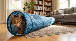 A black cat sprinting through a long, straight fabric cat tunnel extended across a living room floor.