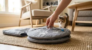 A hand easily folding down a collapsible cat tunnel into a flat disc, secured by an elastic strap for easy storage.